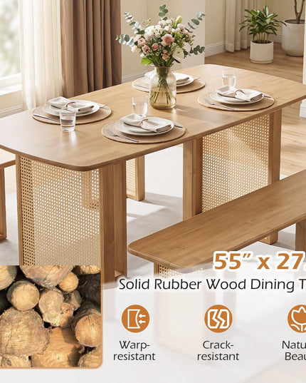 GIANTEX Rattan Dining Table Set for 4 w/ Rubber Wood Kitchen Table & 2 Bench