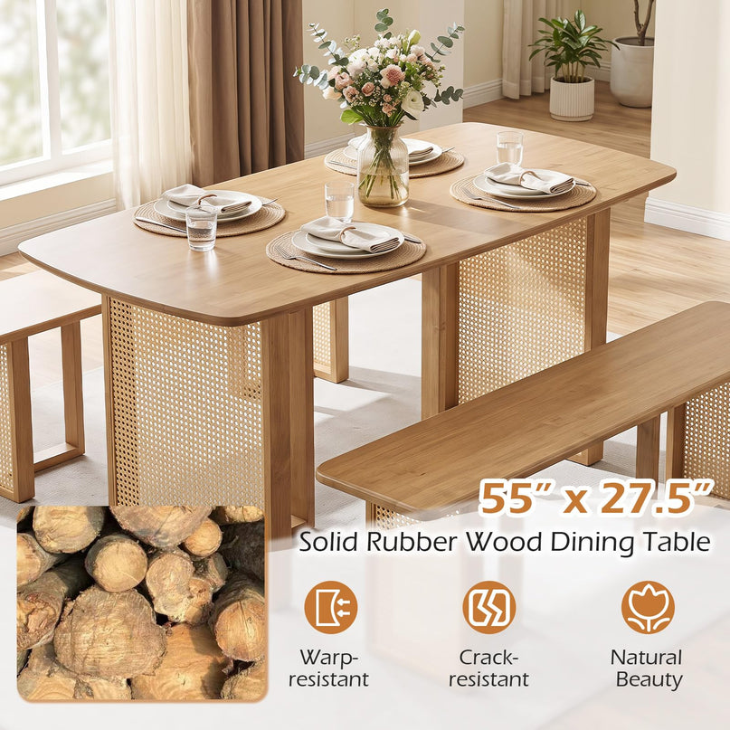 GIANTEX Rattan Dining Table Set for 4 w/ Rubber Wood Kitchen Table & 2 Bench