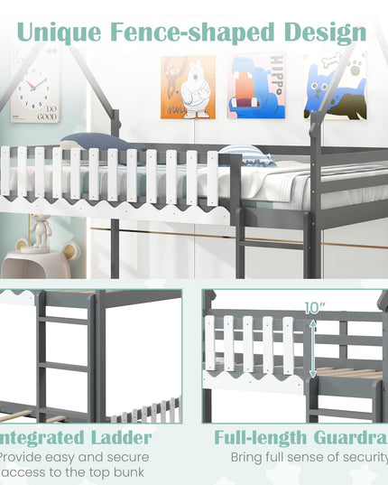 Giantex Bunk Bed Twin Over Twin, Wood House Low Bunk Bed with Ladder & Fence Safety Guardrail