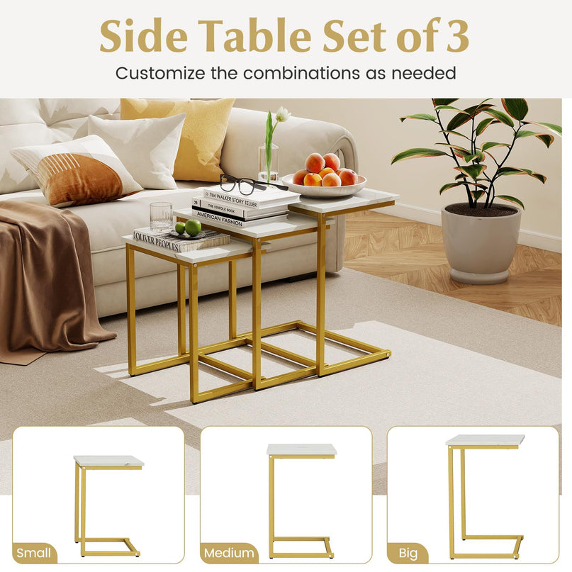 Giantex Nesting Coffee Table Set of 3 w/Faux Marble Tabletop & Heavy-Duty Metal Frame