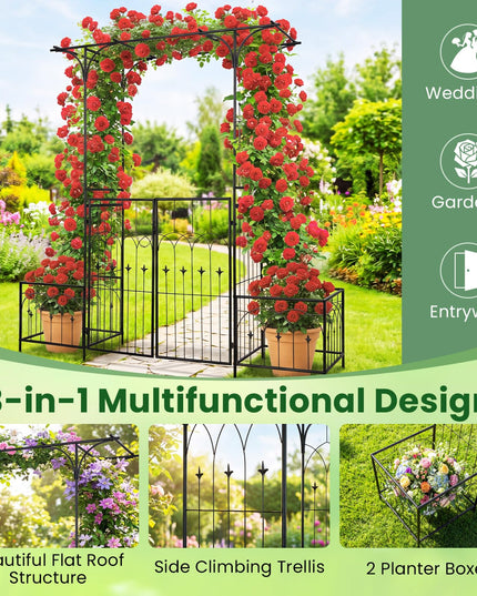 Giantex 79" W x 81" H Metal Garden Arbor with Gate and Planter