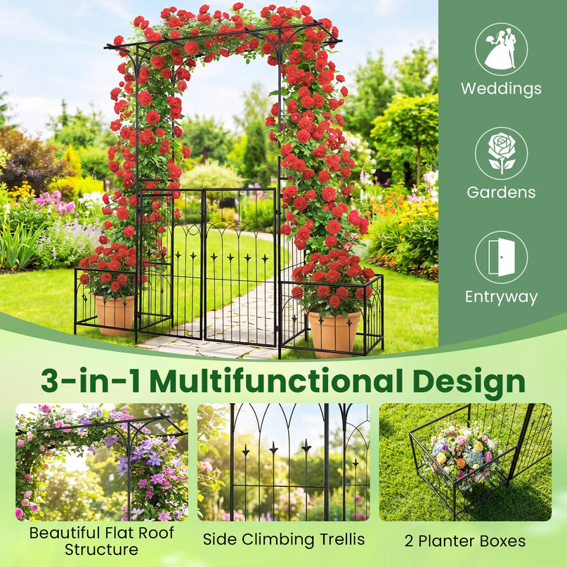 Giantex 79" W x 81" H Metal Garden Arbor with Gate and Planter