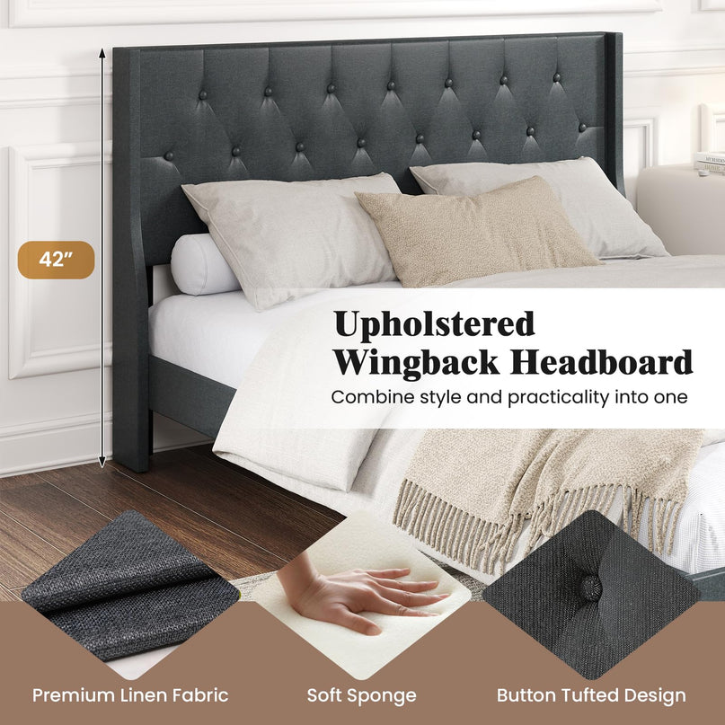 Giantex Queen Size Upholstered Bed Frame with Button Tufted Wingback Headboard