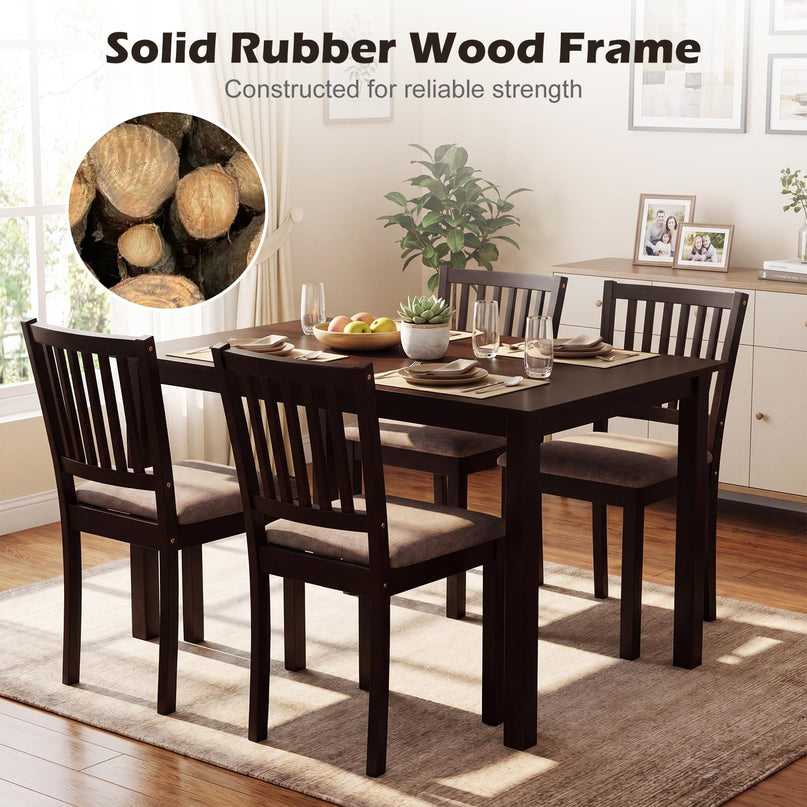 Giantex Rectangular Kitchen Table Set w/4 Upholstered Chairs & Solid Rubber Wood Frame
