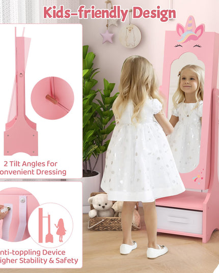 CHARMAID Kids Mirror Jewelry Cabinet - 45.5" Standing Jewelry Armoire with Full Length Mirror