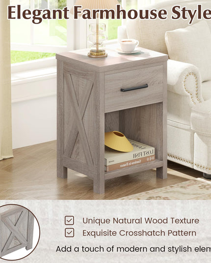 Giantex Farmhouse Wooden Bedside Table with Storage Drawer & Open Shelf