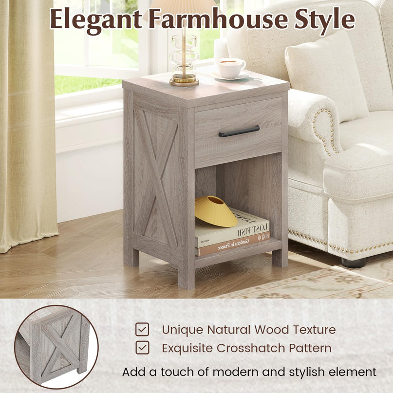 Giantex Farmhouse Wooden Bedside Table with Storage Drawer & Open Shelf