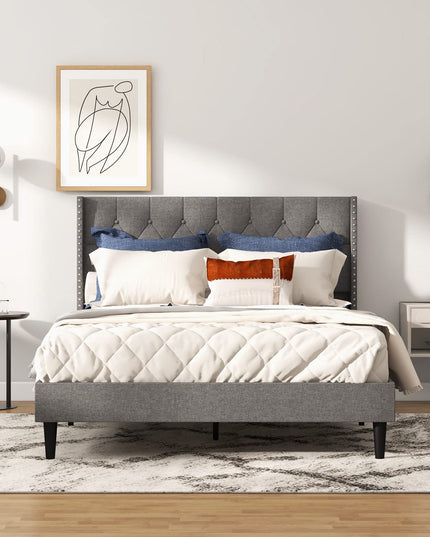 Giantex Full Size Linen Fabric Upholstered Platform Bed Frame