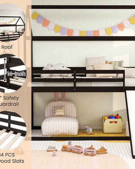 Giantex House Bunk Bed Twin Over Twin with Slide and Storage Stairs, Solid Wood Low Loft Bed Frame with Roof & Guardrail