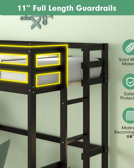 Giantex Twin Size Loft Bed with Desk, Solid Wood Loft Bed with 2 Ladders & Full Length Guardrail