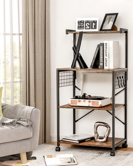 Giantex Kitchen Baker Rack on Wheels, Industrial Utility Storage Shelf, with 3 Hooks (Rustic Brown)
