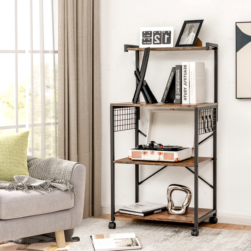 Giantex Kitchen Baker Rack on Wheels, Industrial Utility Storage Shelf, with 3 Hooks (Rustic Brown)