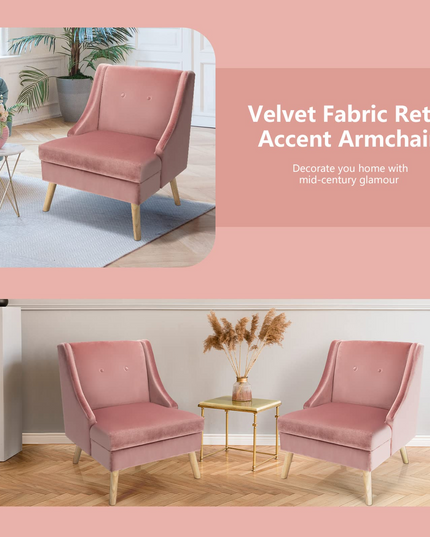 Giantex Pink Accent Chair, Comfy Velvet Swoop Chair w/Rubber Wood Legs, Padded Seat