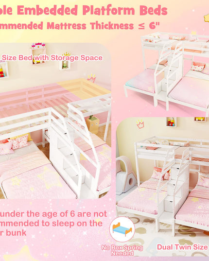 Giantex Lit Superposé Triple (Lits Jumeaux sur Lits Jumeaux et Lits Jumeaux) avec Escalier de Rangement à 4 Marches, 3 Lits Superposés en Bois pour Enfants et Adolescents