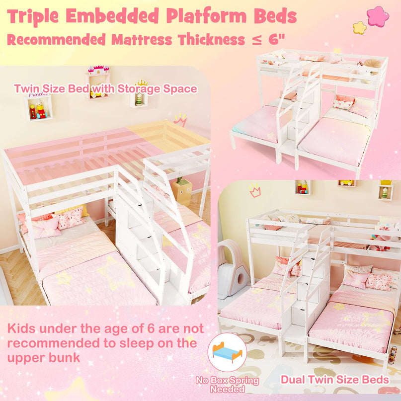 Giantex Lit Superposé Triple (Lits Jumeaux sur Lits Jumeaux et Lits Jumeaux) avec Escalier de Rangement à 4 Marches, 3 Lits Superposés en Bois pour Enfants et Adolescents
