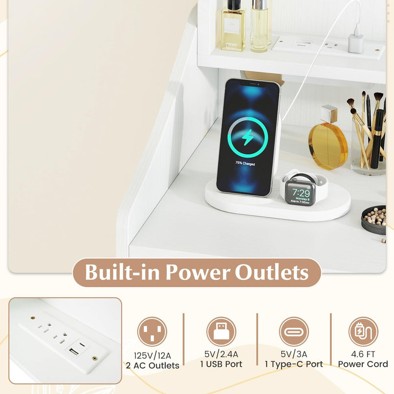 CHARMAID White Vanity Desk with LED Lighted Mirror