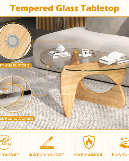 Giantex Triangle Glass Coffee Table, Solid Wood Tea Table with Tempered Glass Top & Adjustable Base