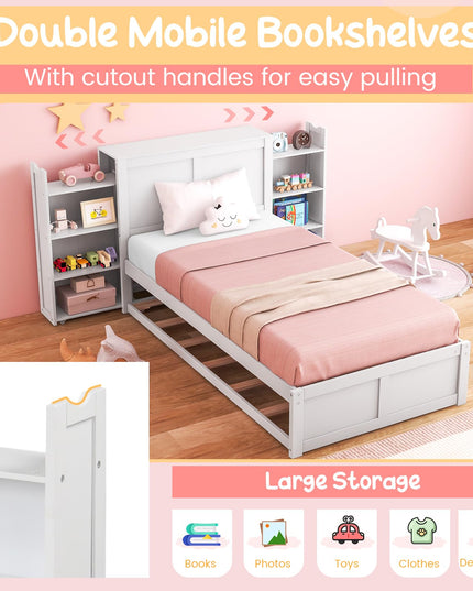 Giantex Full Bed Frame with Twin Trundle, Wooden Bed Wooden Bed Frame with 2 Rolling Bookcases & High Headboard