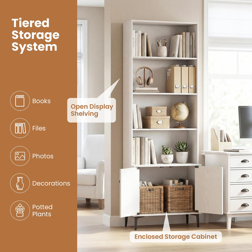 Giantex 68.5" Tall Bookcases with 2 Doors | Floor Standing 5 Tier Bookshelf Display Shelves
