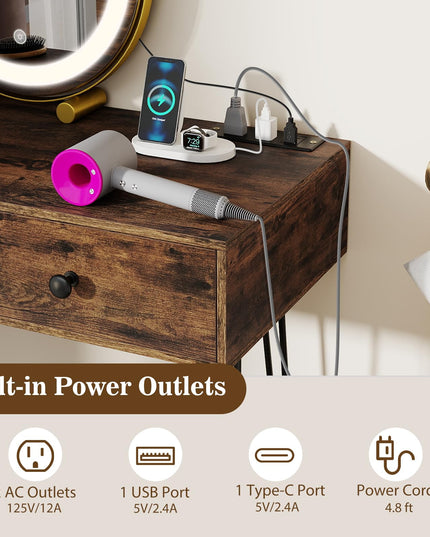 Coiffeuse avec miroir lumineux LED et station de recharge