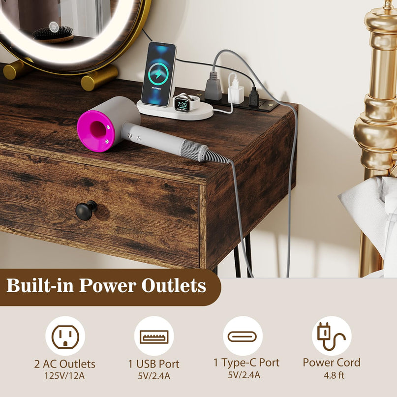 Coiffeuse avec miroir lumineux LED et station de recharge