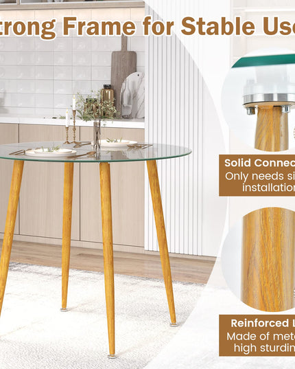 Giantex Round Glass Dining Table, Kitchen Dinner Table with Tempered Glass Tabletop & Metal Legs
