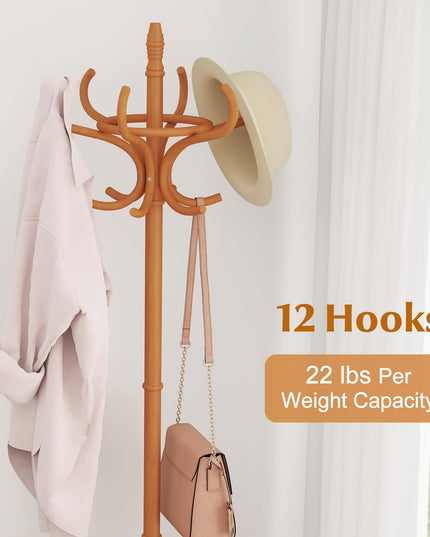 Giantex Solid Wood Coat Rack, Freestanding Hall Tree w/12 Hooks, Umbrella Holder, Entryway Hanger Stand for Coat