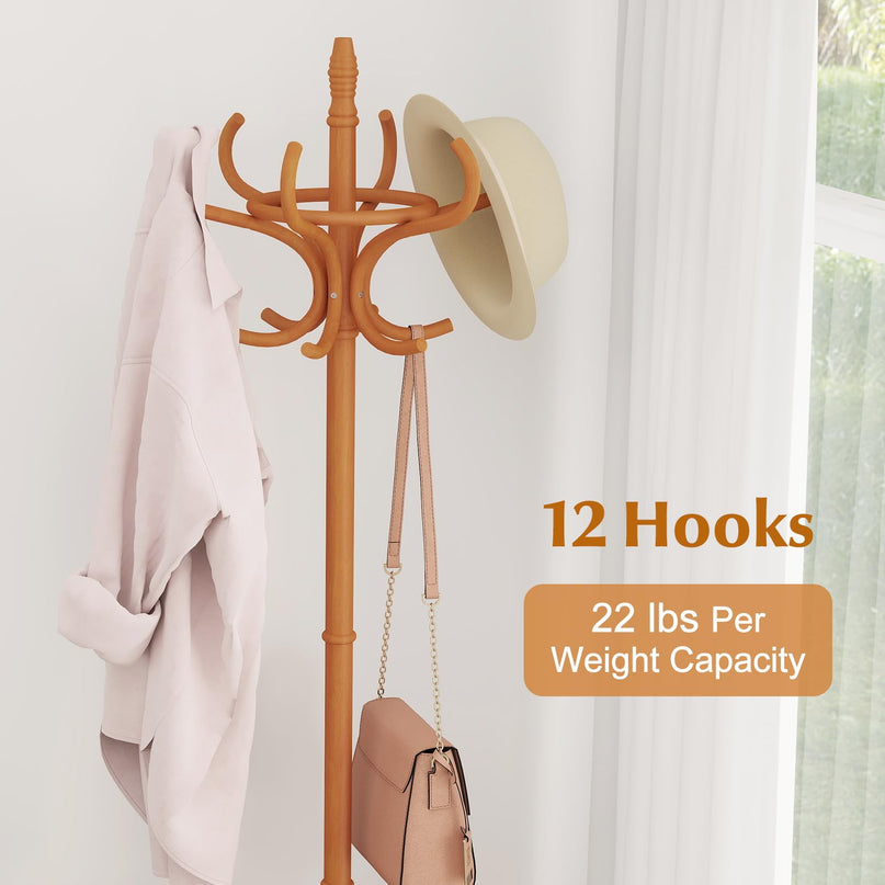 Giantex Solid Wood Coat Rack, Freestanding Hall Tree w/12 Hooks, Umbrella Holder, Entryway Hanger Stand for Coat