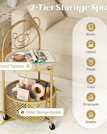 Giantex Mobile Glass Coffee Table, 2-Tier Round End Table with Bear Pattern, Storage Basket, Metal Frame