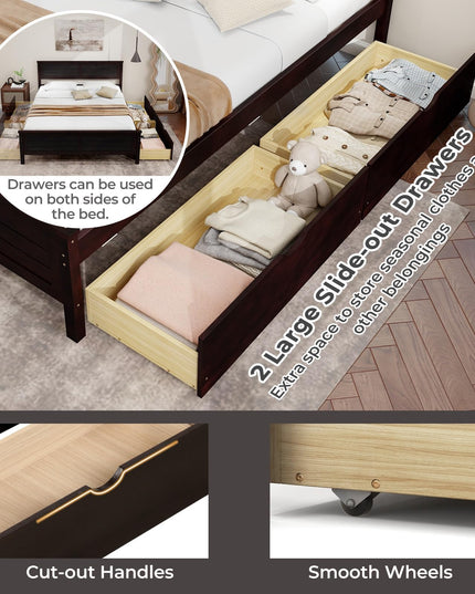 Giantex Wood Full Size Bed Frame with 2 Storage Drawers, Solid Wood Platform Bed with Headboard