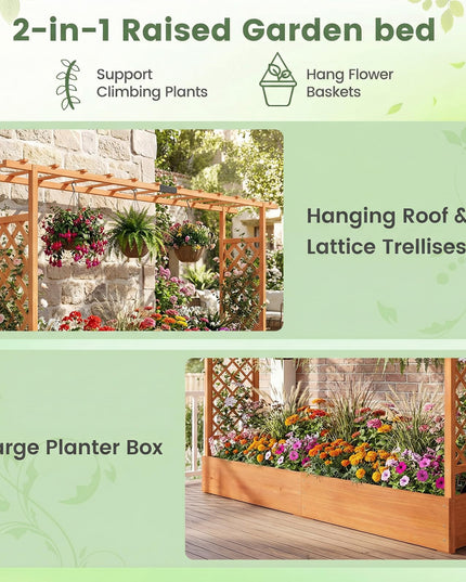 Giantex 45”Fir Wood Raised Garden Bed with Trellis & Hanging Roof