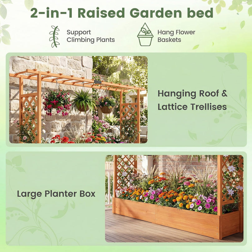 Giantex 45”Fir Wood Raised Garden Bed with Trellis & Hanging Roof