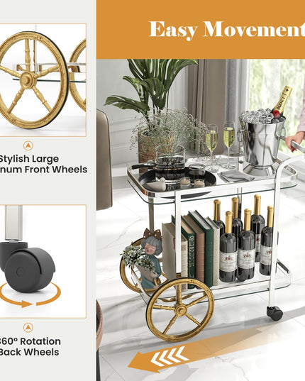 Giantex 2-Tier Bar Cart, Stylish Rolling Serving Cart w/Tempered Glass Shelves