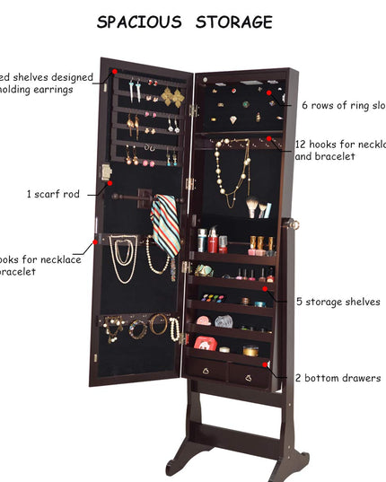 Giantex 57.5"H 2 LEDs Standing Jewelry Cabinet with Full Length Mirror with 2 Drawers, 4 Adjustable Angles, Jewelry Storage Organizer