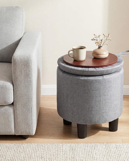 Giantex Round Ottoman with Storage Linen Fabric Upholstered