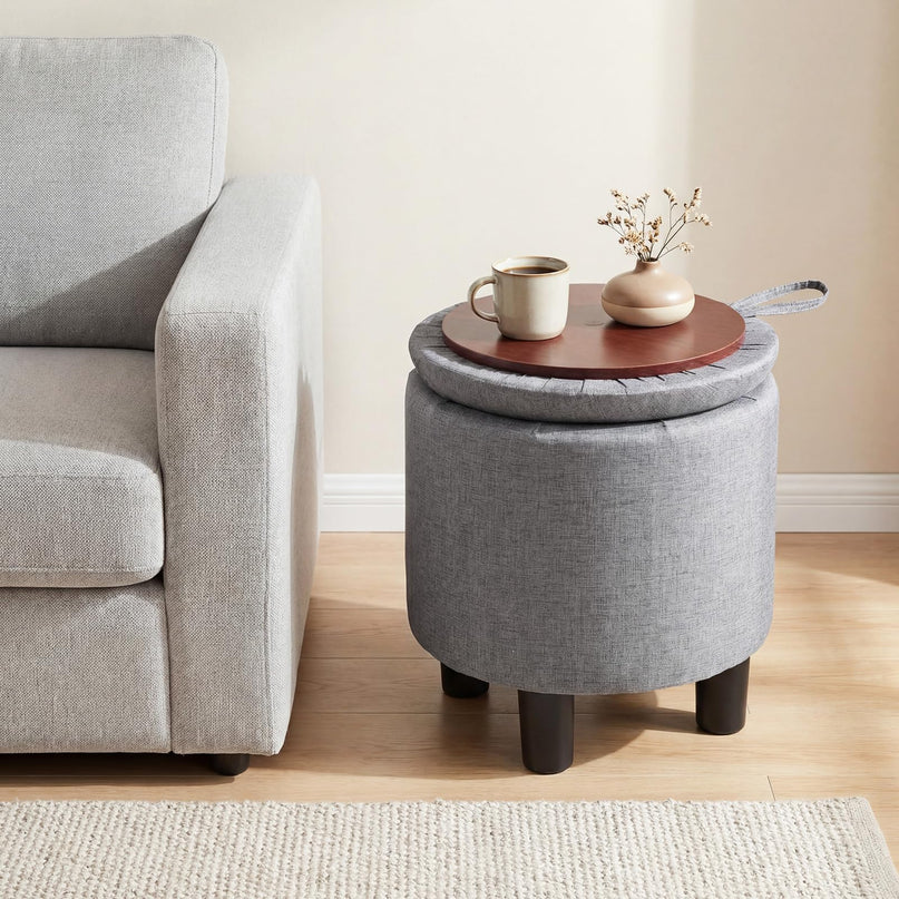 Giantex Round Ottoman with Storage Linen Fabric Upholstered