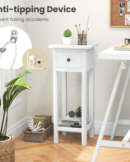 Giantex Narrow End Table with Drawer, Tall Acacia Wood Side Table with Bottom Shelf, Modern Bedside Tables