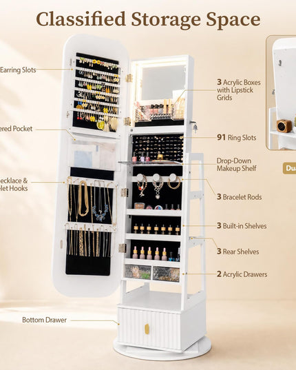 CHARMAID 360° Swivel Jewelry Cabinet with 3-Color LED Vanity Mirror
