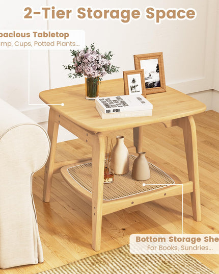 Giantex Rattan Side Table, Boho End Table with Storage Shelf, 2-Tier Bedside Table for Small Spaces