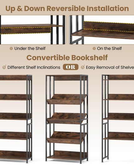 Giantex 5-Tier Bookshelf, 62" Tall Bookcase w/Tiltable Shelves, Metal Frame, Convertible Display Storage Rack