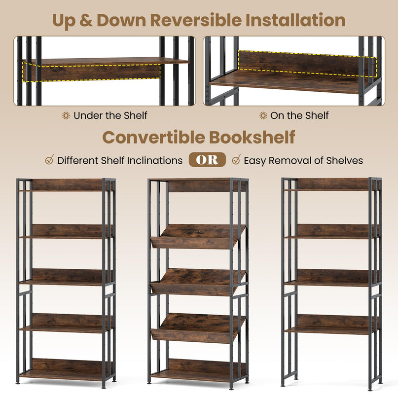 Giantex 5-Tier Bookshelf, 62" Tall Bookcase w/Tiltable Shelves, Metal Frame, Convertible Display Storage Rack