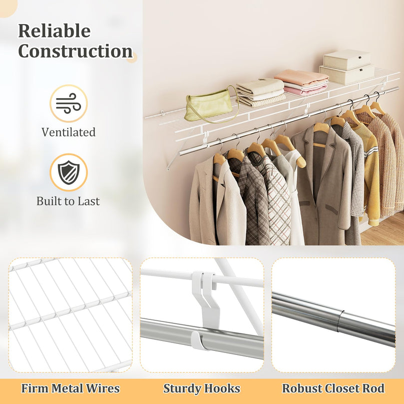 Giantex Closet Shelf with Hanging Rod 4/6 ft Wall Mounted Wire Shelving Kit