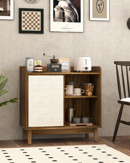 Giantex Sideboard Cabinet, Farmhouse Buffet Storage Cabinet with Sliding Rattan Door, 2 Adjustable Shelves