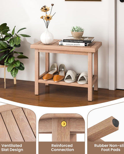 Giantex Teak Shower Bench, 21" Waterproof Spa Bath Seat with Storage Shelf and Non-Slip Foot Pads