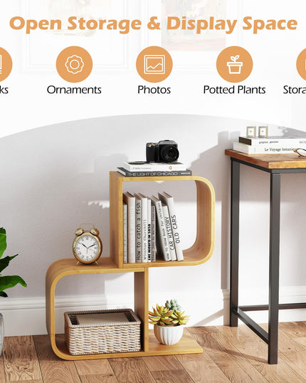 Giantex S-Shaped Bookcase, 2-Tier Bamboo Bookshelf with 2 Open Cubes, Geometric Corner Display Shelf