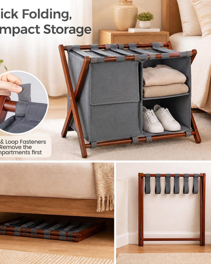 GIANTEX 27" Folding Bamboo Luggage Rack with 3 Storage Compartments (1/2)