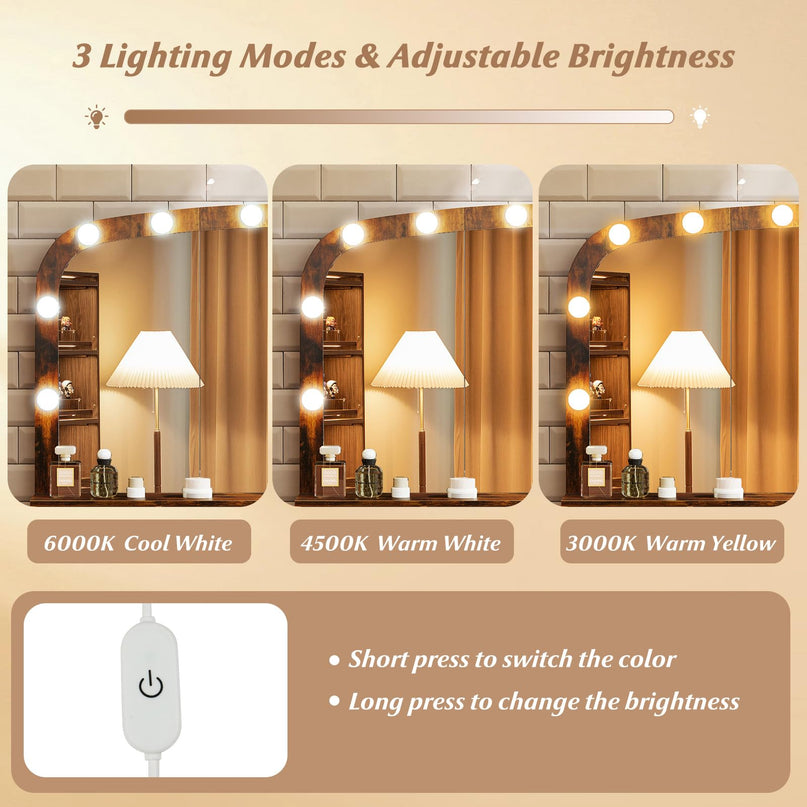 Large Vanity Desk with Arched Mirror and Lights for Bedroom