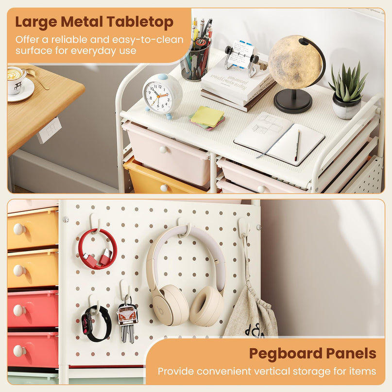 Giantex 15 Drawer Rolling Storage Cart with Metal Tabletop & Pegboard