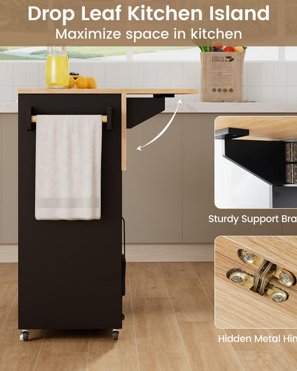 Giantex Rolling Kitchen Island Cart with Drop Leaf, Power Outlet, Spice Rack, 12 Wine Rack