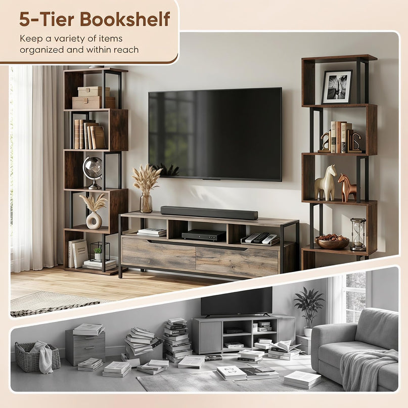 GIANTEX 5-Tier S-Shaped Wood Bookcase w/Metal Frame (1/2)
